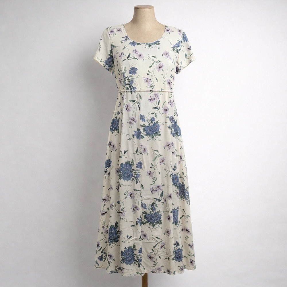 Vintage 90s Floral Corset Back Midi Dress Size 4 Cream Cottagecore Granola Fairy